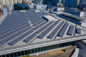 Solar panels on the roof of a commercial building